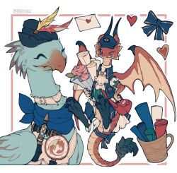 Rule 34 | &gt; o, ;p, ^ ^, artist name, ascot, bag, blue bow, blue headwear, blue jacket, blue neckerchief, bouquet, bow, chocobo, claws, closed eyes, collar, collared jacket, colored tongue, cropped torso, cup, dragon, ehll tou, envelope, facing viewer, final fantasy, final fantasy xiv, flower, forked tongue, frilled sleeves, frills, from side, full body, green shirt, green tongue, hand on own hip, hat feather, heart, highres, holding, holding bouquet, holding scroll, horns, jacket, looking at viewer, mailman, mug, neckerchief, no humans, one eye closed, scales, scroll, shirt, shoulder bag, shuini xiaomao, simple background, smile, tail, tail bow, tail ornament, tongue, tongue out, uniform, upper body, white ascot, white background
