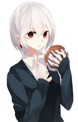 Rule 34 | 1girl, absurdres, bad id, bad pixiv id, bread, earrings, food, highres, jewelry, looking at viewer, ogami ren, original, parted lips, red eyes, short hair, simple background, sleeves past wrists, solo, white background, white hair