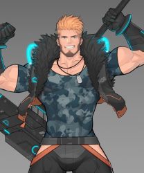 Rule 34 | 1boy, abs, bara, belt, biceps, blonde hair, blue eyes, brown hair, camouflage, camouflage shirt, flexing, gauntlets, gun, hunterkay, jacket, jewelry, looking at viewer, male focus, manly, mature male, multicolored hair, muscular, muscular male, necklace, open clothes, open jacket, original, pants, pectoral cleavage, pectorals, shirt, smirk, solo, spiked hair, t-shirt, teeth, thick arms, tight clothes, tube, undercut, weapon, weapon on back
