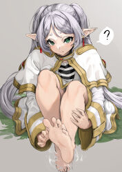 Rule 34 | 1girl, ?, aoi sakura (seak5545), barefoot, black shirt, capelet, closed mouth, commentary request, dangle earrings, earrings, elf, feet, frieren, gold trim, green eyes, grey hair, highres, jacket, jewelry, long hair, looking at viewer, parted bangs, partially submerged, pointy ears, shirt, short eyebrows, simple background, skirt, skirt set, soles, solo, sousou no frieren, spoken question mark, striped clothes, striped shirt, toes, twintails, white capelet, white hair, white jacket, white shirt, white skirt