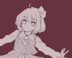 Rule 34 | 1girl, closed mouth, collared shirt, frown, greyscale with colored background, hair ribbon, highres, kuromame (8gou), long sleeves, looking at viewer, monochrome, outstretched arms, red theme, ribbon, rumia, shirt, short hair, skirt, solo, touhou, vest