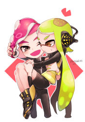 Rule 34 | 1boy, 1girl, agent 3 (splatoon), agent 8 (splatoon), arms around neck, bike shorts, black jacket, black pants, black shirt, black shorts, brown eyes, carrying, closed mouth, commentary, cropped legs, frown, grabbing another&#039;s hair, green hair, headgear, heart, highres, inkling, inkling girl, inkling player character, jacket, long hair, looking at another, miyashiro, nintendo, octoling, octoling boy, octoling player character, one eye closed, open mouth, pants, princess carry, red hair, shirt, shoes, short hair, shorts, smile, splatoon (series), splatoon 2, splatoon 2: octo expansion, squidbeak splatoon, standing, sweatdrop, twitter username, vest, yellow footwear, yellow vest