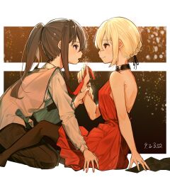 Rule 34 | 2girls, arm support, bare shoulders, black hair, black pants, black pantyhose, black ribbon, blonde hair, blue nails, blush, chinese commentary, closed mouth, commentary request, dated, dkl (dinosaurkl2), dress, eye contact, grey shirt, grey vest, hair between eyes, highres, holding another&#039;s wrist, inoue takina, long hair, long sleeves, looking at another, lycoris recoil, multiple girls, nail polish, necktie, necktie grab, neckwear grab, nishikigi chisato, official alternate costume, open mouth, pants, pantyhose, ponytail, purple eyes, red dress, red eyes, red necktie, ribbon, shirt, short hair, sidelocks, sleeveless, sleeveless dress, vest, yuri