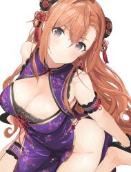 Rule 34 | 1girl, arisugawa natsuha, blush, breasts, brown eyes, china dress, chinese clothes, cleavage, cleavage cutout, clothing cutout, commentary request, double bun, dress, floral print, hair bun, hair ornament, high heels, idolmaster, idolmaster shiny colors, looking at viewer, medium breasts, orange hair, parted lips, shiny skin, simple background, sitting, sleeveless, solo, tetsujin momoko, thigh strap, thighs, wariza, white background