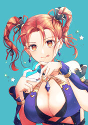 Rule 34 | 1girl, :p, absurdres, bare shoulders, blue background, blue nails, blue sleeves, breasts, c-diamond, cleavage, commentary request, detached sleeves, dragon quest, dragon quest viii, earrings, hair pulled back, hands up, heart, heart hands, highres, jessica albert, jewelry, large breasts, long hair, looking at viewer, orange eyes, orange hair, red nails, smile, solo, star (symbol), swimsuit, tongue, tongue out, twintails, upper body