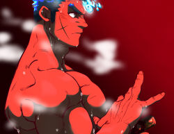 Rule 34 | 1boy, bara, biceps, blue eyes, blue fire, blue hair, close-up, contrast, facial scar, fiery horns, fire, highres, horns, katana, kizami nori to yamaimo, large pectorals, male focus, manly, muscular, muscular male, pectorals, red background, sakimori toji, scar, scar on cheek, scar on face, serious, solo, steam, sweat, sweatdrop, sword, thick arms, thick eyebrows, tokyo houkago summoners, topless male, weapon