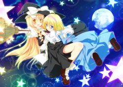 Rule 34 | 2girls, :d, alice margatroid, bad id, bad pixiv id, blonde hair, blue eyes, bow, broom, capelet, female focus, full moon, hairband, hat, hat bow, hat ribbon, holding, inose riku, kirisame marisa, looking at viewer, moon, multiple girls, open mouth, outstretched arm, ribbon, smile, sparkle, star (symbol), touhou, witch hat, yellow eyes