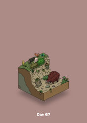Rule 34 | absurdres, animal, boar, bush, commentary request, diorama, gozz, hiding, highres, isometric, log, original, plant, ravine, red background, tusks