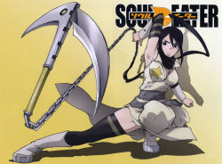 Rule 34 | 00s, 1girl, absurdres, aiming, aiming at viewer, arm up, arm warmers, armpits, attack, belt, belt skirt, black eyes, black hair, boots, breasts, chain, chain scythe, cleavage, clenched hand, copyright name, detached sleeves, dress, fighting stance, foreshortening, fur trim, gradient background, hair between eyes, high ponytail, highres, knee boots, kusarigama, large breasts, logo, looking at viewer, nakatsukasa tsubaki, ninja, parted lips, personification, ponytail, scan, scarf, serious, shadow, sickle, side slit, sleeveless, solo, soul eater, squatting, star (symbol), striped, studded belt, thighhighs, thighs, weapon, yellow background, zettai ryouiki
