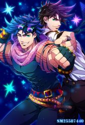 Rule 34 | 2boys, back-to-back, bad id, bad pixiv id, belt, blue hair, brown hair, clenched hand, dual persona, fingerless gloves, gloves, goggles, goggles on head, gradient background, green eyes, grin, jojo no kimyou na bouken, joseph joestar, joseph joestar (young), male focus, moru, multiple boys, necktie, one eye closed, pointing, pointing at viewer, scarf, smile, sparkle, suspenders