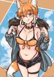 Rule 34 | 1girl, :q, animal ears, bikini, bikini under clothes, black hair, breasts, buttons, cleavage, collar, collarbone, cowboy shot, denim, denim shorts, extra ears, eyelashes, grey shirt, hair between eyes, hair bobbles, hair ornament, hands up, head tilt, highres, kemono friends, large breasts, long hair, long sleeves, looking at viewer, maned wolf (kemono friends), multicolored hair, navel, open clothes, open fly, open shirt, open shorts, orange eyes, orange hair, seductive smile, shirt, short shorts, shorts, skindentation, smile, solo, stomach, swimsuit, tail, thigh strap, tongue, tongue out, tsuppushi, twintails, unbuttoned, white hair, wolf ears, wolf girl, wolf tail