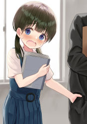 Rule 34 | 1girl, black hair, black jacket, black pants, blue dress, blue eyes, blush, book, collared shirt, commentary request, dress, gakuran, hand in another&#039;s pocket, highres, holding, holding book, indoors, jacket, long hair, looking at viewer, low twintails, mimikaki (men bow), nose blush, open mouth, original, pants, pinafore dress, pleated dress, school uniform, shirt, short sleeves, sleeveless, sleeveless dress, solo focus, sweat, twintails, wavy mouth, white shirt, window