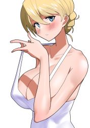 Rule 34 | 1girl, bare shoulders, blonde hair, blue eyes, blush, braid, breasts, clothes pull, darjeeling (girls und panzer), dress, dress pull, girls und panzer, highres, large breasts, looking at viewer, mochi (mochiokomet), pulled by self, short hair, solo, white background