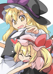 Rule 34 | 2girls, ^ ^, blonde hair, buttons, closed eyes, dress, closed eyes, fang, female focus, flandre scarlet, hat, heart, highres, hug, kirisame marisa, long hair, multiple girls, open mouth, sasurai, side ponytail, touhou, witch, witch hat, yellow eyes