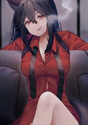 Rule 34 | 1girl, animal ears, arknights, black hair, black necktie, breasts, cigarette, cleavage, collared shirt, gen (gen03010818), highres, long hair, medium breasts, necktie, official alternate costume, orange eyes, parted lips, partially unbuttoned, red shirt, shirt, smoke, smoking, solo, tail, texas (arknights), texas (willpower) (arknights), wolf ears, wolf tail
