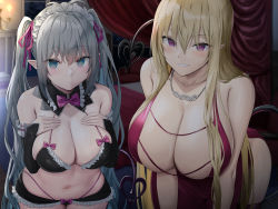 Rule 34 | 2girls, bare shoulders, blonde hair, blue eyes, blush, bow, bowtie, breasts, cleavage, closed mouth, collarbone, demon tail, detached sleeves, grey hair, hair ornament, hair ribbon, hands on own chest, highres, indoors, jewelry, large breasts, long hair, long sleeves, looking at viewer, maid headdress, multiple girls, navel, necklace, oekakizuki, original, parted lips, pointy ears, purple bow, purple bowtie, purple eyes, purple ribbon, ribbon, smile, tail, twintails, white headwear