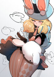 Rule 34 | 1girl, absurdres, animal ears, azz0422, black gloves, blonde hair, dress, finii (omega strikers), frilled skirt, frills, gloves, hat, highres, holding, holding staff, omega strikers, rabbit ears, red eyes, skirt, solo, staff, thighhighs, top hat