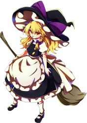 Rule 34 | 1girl, absurdres, apron, baba (baba seimaijo), black dress, black footwear, blonde hair, braid, broom, buttons, dress, frilled dress, frills, full body, grin, hat, highres, kirisame marisa, long hair, looking at viewer, mary janes, puffy sleeves, shoes, short sleeves, side braid, single braid, smile, socks, solo, touhou, waist apron, white background, white socks, witch hat, yellow eyes
