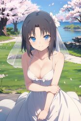 Rule 34 | 1girl, ai art, blue eyes, dress, outdoors, wedding dress, yumi (senran kagura)
