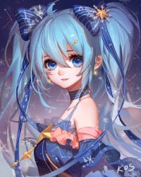 Rule 34 | 1girl, ahoge, artist name, bare shoulders, blue eyes, blue hair, blue ribbon, blurry, blurry background, bow, breasts, choker, collarbone, constellation, constellation print, cross, cross earrings, detached sleeves, earrings, eyelashes, frills, from side, hair between eyes, hair bow, hair ornament, hair ribbon, hairclip, hatsune miku, jewelry, light particles, long hair, looking at viewer, medium breasts, musical note, musical note print, parted lips, quaver, ribbon, see-through, sidelocks, smile, snowflake hair ornament, snowflakes, solo, songjikyo, star (symbol), star hair ornament, treble clef, twintails, upper body, vocaloid, yuki miku