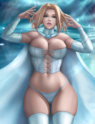Rule 34 | 1girl, artist name, blonde hair, blue eyes, breasts, cape, cleavage, corset, cowboy shot, detached sleeves, emma frost, flowerxl, large breasts, lips, looking at viewer, marvel, navel, no bra, panties, short hair, skindentation, solo, thick thighs, thighhighs, thighs, turtleneck, underwear, x-men