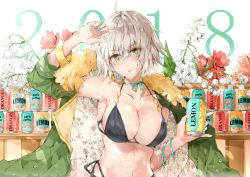 Rule 34 | 1girl, 2018, ahoge, aqua nails, arm out of sleeve, arm ribbon, arm up, bangle, bikini, bikini top only, black bikini, blush, bracelet, breasts, c.reo, can, choker, cleavage, collarbone, drink, drink can, fate/grand order, fate (series), fingernails, floral print, flower, fur trim, gold bracelet, green jacket, grey hair, holding, holding can, jacket, jeanne d&#039;arc alter (swimsuit berserker) (fate), jeanne d&#039;arc (fate), jeanne d&#039;arc alter (fate), jeanne d&#039;arc alter (swimsuit berserker) (fate), jewelry, large breasts, lily of the valley, long sleeves, looking at viewer, nail polish, parted lips, ribbon, ribbon choker, short hair, side-tie bikini bottom, soda can, solo, sweat, swimsuit, upper body, water drop, white flower, yellow eyes