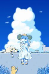Rule 34 | 1girl, animal, arm at side, arm support, blunt bangs, blurry, blurry background, brown cat, brown hat, calico, cat, cattail, cloud, colored skin, commentary, day, dress, eating, english commentary, food, grey cat, hand up, hat, highres, holding, holding food, holding popsicle, iguana taisa, long hair, looking at viewer, original, outdoors, plant, popsicle, sandals, simple bird, sitting, sleeping animal, solo, straight-on, straw hat, summer, sun hat, white dress, white hair, white skin, | |