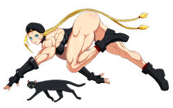 Rule 34 | 1girl, ass, bare shoulders, black cat, blonde hair, blue eyes, boots, braid, breasts, cammy white, cat, covered erect nipples, fingerless gloves, from side, gloves, large breasts, leotard, long hair, muscular, muscular female, scar, scar on face, shopyun, sleeveless, street fighter, very long hair, white background