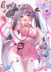 Rule 34 | &gt; &lt;, 1girl, :d, ahoge, bandaged arm, bandaged leg, bandages, black hair, breasts, breasts apart, clipboard, commentary request, dress, fangs, garter straps, hair between eyes, hat, heart, holding, intravenous drip, long hair, looking at viewer, medium breasts, nurse, nurse cap, open mouth, original, pill, pink dress, pink hat, red eyes, smile, solo, stethoscope, stuffed animal, stuffed rabbit, stuffed toy, syringe, thermometer, thighhighs, twintails, very long hair, white thighhighs, yuutsuki hina