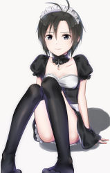 Rule 34 | 1girl, alternate costume, antenna hair, arm support, black eyes, black hair, black skirt, black thighhighs, breasts, bustier, choker, cleavage, collarbone, cross, cross necklace, enmaided, grey background, hair between eyes, highres, idolmaster, idolmaster (classic), jewelry, kikuchi makoto, maid, maid headdress, miniskirt, mogskg, necklace, shadow, short hair, short sleeves, simple background, sitting, skirt, small breasts, smile, solo, thighhighs, wrist cuffs