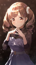 Rule 34 | 1girl, absurdres, belt, blurry, bokeh, brown hair, commentary request, depth of field, dress, hair ornament, hair scrunchie, hairclip, highres, idolmaster, idolmaster shiny colors, light particles, looking at viewer, medium hair, purple dress, red eyes, scrunchie, solo, sonoda chiyoko, tonguewasabi, twintails