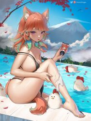 Rule 34 | 1girl, :p, animal ears, barefoot, bikini, bird, black bikini, blue sky, branch, breasts, cat ears, cat girl, cat tail, chicken, cloud, commentary, english commentary, falling leaves, feet, foot out of frame, from side, greatodoggo, highres, hololive, hololive english, kfp employee (takanashi kiara), large breasts, leaf, legs, looking at viewer, lotion bottle, mount fuji, multicolored hair, onsen, orange hair, paid reward available, pouring, pouring onto self, purple eyes, revision, sitting, sky, strap slip, streaked hair, suggestive fluid, swimsuit, tail, takanashi kiara, takanashi kiara (casual), thighs, toe scrunch, toenails, toes, tongue, tongue out, virtual youtuber, water