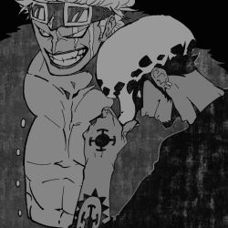 Rule 34 | 2boys, clenched teeth, eustass kid, evil grin, evil smile, greyscale, grin, hand up, hat, looking to the side, male focus, monochrome, multiple boys, muscular, obobkkp, one piece, pectorals, scar, scar on face, smile, standing, tattoo, teeth, trafalgar law