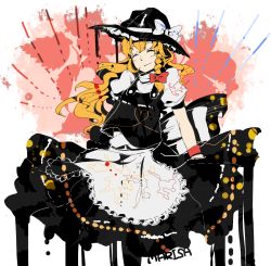 Rule 34 | 1girl, azya, bad id, bad pixiv id, blonde hair, bow, braid, dress, closed eyes, female focus, hair bow, hat, heart, kirisame marisa, long hair, smile, solo, touhou, witch, witch hat, wristband