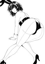 Rule 34 | 1girl, animal ears, ass, fake animal ears, fubuki (one-punch man), greyscale, haruhisky, high heels, highres, leaning forward, limited palette, looking at viewer, looking back, monochrome, one-punch man, pantyhose, playboy bunny, rabbit ears, rabbit tail, shading, short hair, solo, tail, thighs, white background