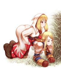 Rule 34 | 2girls, agrias oaks, all fours, armor, blonde hair, blue eyes, blush, braid, brown eyes, final fantasy, final fantasy tactics, grass, hip focus, hood, implied futanari, implied sex, low twintails, multiple girls, robe, swept bangs, takai, torso grab, twintails, white background, white mage, white mage (fft), white mage (final fantasy)