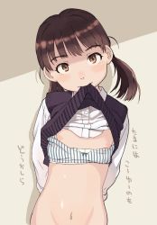 Rule 34 | 1girl, bottomless, bra, bra pull, brown eyes, brown hair, character request, clothes lift, clothes pull, flat chest, groin, head tilt, mouth hold, navel, neyuki rei, nipples, ooking at viewer, original, out-of-frame censoring, shirt lift, solo, twintails, underwear