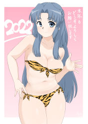 Rule 34 | 1girl, 2022, animal print, artist name, asakura ryouko, text background, bare shoulders, bikini, blue hair, breasts, cleavage, closed mouth, commentary request, cowboy shot, hair over shoulder, hand on own hip, highres, kotoyoro, long hair, looking at viewer, medium breasts, mizukane, navel, new year, orange bikini, outside border, parted bangs, partial commentary, print bikini, side-tie bikini bottom, signature, smile, solo, standing, strapless, strapless bikini, suzumiya haruhi no yuuutsu, swimsuit, tiger print, translated, waving