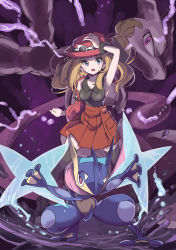 Rule 34 | 1girl, absurdres, arm up, bare shoulders, black footwear, black shirt, black thighhighs, blonde hair, blue eyes, boots, breasts, collared shirt, commentary request, creatures (company), eyewear on headwear, game freak, gen 1 pokemon, gen 6 pokemon, greninja, hand on headwear, highres, legendary pokemon, long hair, medium breasts, mewtwo, nintendo, open mouth, parted bangs, pizzasi, pleated skirt, pokemon, pokemon (anime), pokemon (creature), pokemon xy (anime), red headwear, red skirt, serena (pokemon), shirt, skirt, sleeveless, sleeveless shirt, standing, sweat, thighhighs, thighhighs under boots, water, wavy mouth
