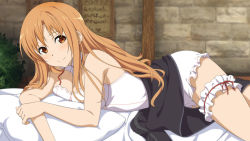 Rule 34 | 10s, 1girl, asuna (sao), bed sheet, breasts, brown eyes, brown hair, cleavage, game cg, hair over shoulder, highres, indoors, long hair, looking at viewer, lying, medium breasts, neck garter, official art, official wallpaper, on back, pillow, red ribbon, ribbon, smile, solo, sword art online, sword art online: hollow realization, thigh strap, tunic, wallpaper