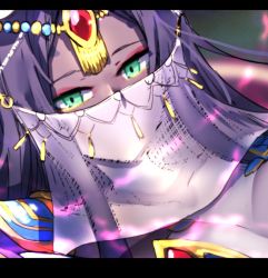 Rule 34 | 1girl, bad id, bad twitter id, blurry, blurry background, close-up, covered mouth, dark-skinned female, dark skin, depth of field, dutch angle, fate/grand order, fate (series), forehead jewel, green eyes, harem outfit, long hair, mouth veil, parted bangs, purple hair, scheherazade (fate), see-through silhouette, solo, veil, wada kazu
