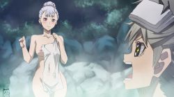 Rule 34 | + +, 1boy, 1girl, asta (black clover), bath, bathhouse, bathing, black clover, blush, breasts, breasts out, clenched hands, collarbone, cowboy shot, embarrassed, grey hair, hair bun, highres, holding, holding towel, keihh, looking at another, lower teeth only, nipples, noelle silva, nude, open mouth, outdoors, own hands clasped, purple eyes, rock, sauna, smile, source request, steam, teeth, towel, towel on head, upper teeth only