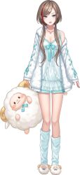 Rule 34 | 1girl, animal slippers, blue bow, blue eyes, blue shorts, blue socks, bow, breasts, brown hair, cleavage, full body, holding, holding stuffed toy, jacket, jewelry, kurusu natsume, kurusu natsume (3rd costume), long hair, long sleeves, looking at viewer, medium breasts, multicolored hair, necklace, nightgown, nijisanji, off shoulder, official art, open mouth, red hair, shorts, slippers, smile, socks, solo, streaked hair, stuffed animal, stuffed toy, tachi-e, transparent background, uni (cowardly bug), virtual youtuber, white jacket