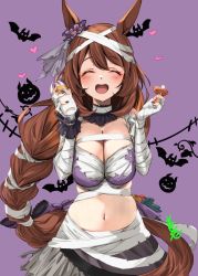 Rule 34 | 1girl, animal ears, baby bottle, bandaged arm, bandages, bat (animal), blush, bottle, braid, braided ponytail, breasts, breasts squeezed together, brown hair, candy, cleavage, closed eyes, food, heart, highres, holding, holding food, horse ears, horse girl, horse tail, large breasts, long hair, midriff, navel, official alternate costume, open mouth, out of frame, pacifier, pumpkin, purple background, signature, solo, speech bubble, super creek (chiffon ribbon mummy) (umamusume), super creek (umamusume), tail, torn clothes, umamusume, upper body, youmou usagi