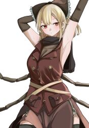 Rule 34 | 1girl, armpits, arthropod girl, black bow, black scarf, black thighhighs, blonde hair, bow, breasts, buttons, hair bow, highres, insect girl, kurodani yamame, looking at viewer, mesuosushi, red eyes, scarf, short hair, simple background, solo, spider girl, thighhighs, touhou, white background