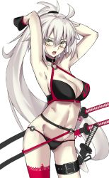 Rule 34 | 1girl, absurdres, ahoge, alternate hairstyle, arms up, bespectacled, bikini, black bikini, blush, bow, breasts, choker, cleavage, collarbone, commentary request, cowboy shot, fate/grand order, fate (series), glasses, hair between eyes, hair bow, high ponytail, highres, jacket, jeanne d&#039;arc alter (swimsuit berserker) (fate), jeanne d&#039;arc (fate), jeanne d&#039;arc alter (fate), jeanne d&#039;arc alter (swimsuit berserker) (fate), katana, large breasts, long hair, looking at viewer, o-ring, open mouth, ponytail, red legwear, sheath, sheathed, simple background, solo, swimsuit, sword, thigh strap, thighs, very long hair, weapon, yellow eyes, yuchio