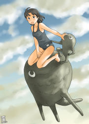 Rule 34 | 00s, 1girl, 2008, artist name, awatake takahiro, barefoot, black hair, blue eyes, blush, cloud, creature, dated, flying, legs, one-piece swimsuit, original, outdoors, school swimsuit, sky, smile, solo, swimsuit