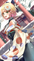 Rule 34 | 1girl, :d, absurdres, architecture, blonde hair, blunt bangs, blurry, blurry background, depth of field, dutch angle, east asian architecture, fang, floral print, flower, from side, hair flower, hair ornament, hakama, hakama skirt, highres, hololive, japanese clothes, kimono, long sleeves, looking at viewer, looking to the side, momosuzu nene, momosuzu nene (new year), multicolored hair, nayuyu1105, off shoulder, open mouth, outdoors, pink hair, print kimono, short hair, skirt, smile, snow, snowing, solo, standing, streaked hair, virtual youtuber