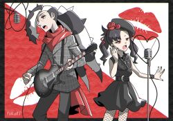 Rule 34 | 1boy, 1girl, alternate costume, alternate eye color, black border, black dress, black hair, black headwear, border, brother and sister, commentary request, creatures (company), dress, eyeshadow, game freak, guitar, highres, holding, holding guitar, holding instrument, holding plectrum, instrument, lipstick mark, makeup, marnie (pokemon), microphone stand, music, nail polish, nintendo, open mouth, outside border, piers (pokemon), plectrum, pokemon, pokemon swsh, red eyes, red scarf, scarf, siblings, singing, song request, standing, white hair, wristband, yukari (yukari21653710)