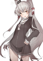 Rule 34 | 1girl, amatsukaze (kancolle), black panties, brown dress, cowboy shot, dress, fang, garter straps, grey neckerchief, hair tubes, hat, highres, kantai collection, lifebuoy, lifebuoy ornament, long hair, looking at viewer, mini hat, neckerchief, open mouth, panties, ph., sailor dress, see-through, short dress, silver hair, simple background, smokestack hair ornament, solo, swim ring, two side up, underwear, white background